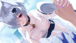 Rule 34 | 1girl, absurdres, animal ear fluff, animal ears, bell, black collar, black shorts, breasts, cat ears, cat hair ornament, collar, from above, grabbing another&#039;s hand, grey hair, hair ornament, hair over one eye, hasumi (hasubatake39), highres, holding, holding shower head, jingle bell, kuon (hasumi (hasubatake39)), large breasts, neck bell, nipples, no bra, open mouth, original, pov, pov hands, purple nails, sandals, shirt, short hair, shorts, shower head, smile, solo focus, wet, wet clothes, wet shirt