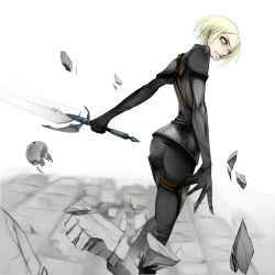Rule 34 | 00s, angry, blonde hair, claymore (series), claymore (sword), helen, looking back, short hair, solo, sword, weapon, yama, yellow eyes
