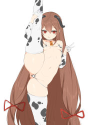 Rule 34 | 1girl, absurdres, animal print, ass, bell, bikini, breasts, brown hair, check copyright, chixiao, cleft of venus, contortion, copyright request, cow girl, cow print, cow print bikini, flexible, gloves, hair ribbon, half gloves, highres, horns, leg up, long hair, looking at viewer, low-tied long hair, medium breasts, micro bikini, navel, open mouth, original, print bikini, pussy, pussy peek, red eyes, ribbon, simple background, skindentation, solo, split, spread legs, standing, standing on one leg, swimsuit, thighhighs, v, very long hair, white background, white gloves
