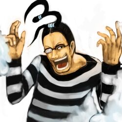 Rule 34 | 1boy, black eyes, black hair, commentary request, facial hair, floating hair, galdino, glasses, long sleeves, male focus, nokonokoro, one piece, open mouth, prison clothes, shirt, short hair, simple background, smile, solo, striped clothes, striped shirt, teeth, white background