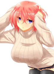 Rule 34 | 1girl, adjusting hair, bent over, black thighhighs, blue eyes, blush, breasts, closed mouth, clothes pull, cowboy shot, expressionless, female focus, hair between eyes, hands in hair, huge breasts, large breasts, looking at viewer, miniskirt, original, purple eyes, red hair, ribbed sweater, setana, short hair, simple background, skirt, solo, standing, sweater, sweater pull, thighhighs, turtleneck, turtleneck sweater, watarui, white background