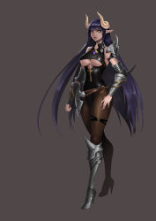 Rule 34 | 1girl, absurdres, armor, armored boots, bare shoulders, belt, black leotard, boots, breasts, brooch, brown background, brown pantyhose, clothing cutout, crossed legs, demon girl, demon horns, eyelashes, full body, gauntlets, gem, greaves, grey footwear, groin, hand on own hip, high heel boots, high heels, highleg, highleg leotard, highres, horns, jewelry, karmiel, leotard, lipstick, long hair, looking at viewer, makeup, medium breasts, armored boots, nose, original, pantyhose, pauldrons, pointy ears, purple hair, red lips, shoulder armor, shoulder pads, simple background, sleeveless, slit pupils, solo, standing, strap, teeth, thigh strap, underboob, underboob cutout, very long hair, watson cross, yellow eyes