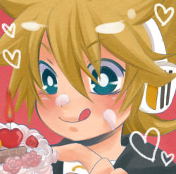 Rule 34 | 1boy, bad id, bad pixiv id, blonde hair, blue eyes, cake, food, fruit, headset, heart, kagamine len, lowres, male focus, pastry, solo, strawberry, vocaloid, yomorin