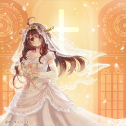 Rule 34 | 10s, 1girl, ahoge, bare shoulders, bouquet, breasts, bridal veil, bride, brown hair, church, cross, dress, elbow gloves, flower, gloves, hairband, headgear, highres, indoors, kantai collection, kongou (kancolle), long hair, personification, serino itsuki, smile, solo, twitter username, veil, wedding dress, white s