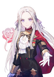 Rule 34 | 1girl, azu-taro, capelet, closed mouth, commentary request, edelgard von hresvelg, fire emblem, fire emblem: three houses, floral print, flower, forehead, garreg mach monastery uniform, gloves, hair ribbon, long hair, looking at viewer, nintendo, outstretched hand, purple eyes, purple ribbon, red capelet, red flower, red rose, ribbon, rose, signature, simple background, smile, solo, twitter username, uniform, white background, white gloves, white hair