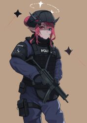 Rule 34 | 1girl, absurdres, blue eyes, body armor, bulletproof vest, combat helmet, gun, h&amp;k mp5, halo, helmet, heterochromia, highres, hololive, hololive english, horns, irys (hololive), long hair, looking at viewer, multicolored hair, pointy ears, police, police uniform, policewoman, purple hair, red hair, shift (shiftillust), solo, submachine gun, swat, tactical clothes, uniform, virtual youtuber, weapon