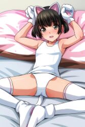 Rule 34 | 1girl, animal ear hairband, animal ears, animal hands, bare shoulders, bed sheet, black hair, blush, breasts, brown eyes, cat ear hairband, cat ears, cat tail, fake animal ears, fake tail, gloves, hairband, head tilt, highres, lying, matsunaga kouyou, nose blush, on back, on bed, one-piece swimsuit, open mouth, original, paw gloves, paw pose, paw shoes, pillow, school swimsuit, short hair, short twintails, sidelocks, small breasts, smile, solo, spread legs, swimsuit, tail, thighhighs, twintails, white one-piece swimsuit, white thighhighs