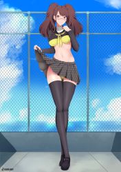 Rule 34 | 1girl, absurdres, artist name, belly, black footwear, black serafuku, black thighhighs, blouse, blue sky, bra, breasts, brown eyes, brown hair, clenched hand, clothes lift, cloud, collarbone, concrete, crossed legs, day, earrings, fence, glasses, highres, huge filesize, jewelry, kaos art, kujikawa rise, light smile, long hair, looking at viewer, looking over eyewear, medium breasts, miniskirt, navel, neckerchief, ocean, panties, patterned clothing, persona, persona 4, pleated skirt, sailor collar, sailor shirt, school uniform, serafuku, shirt, skinny, skirt, skirt lift, sky, smile, solo, standing, stomach, swept bangs, thighhighs, thighs, turtleneck, twintails, underwear, yasogami school uniform, yellow bra, yellow neckerchief, yellow panties