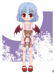 Rule 34 | 1girl, bat wings, blue hair, blush, camisole, female focus, hatomugisan, lowres, mary janes, red eyes, remilia scarlet, shoes, slit pupils, solo, standing, stuffed animal, stuffed toy, teddy bear, touhou, wings