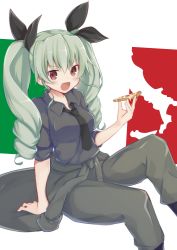 Rule 34 | 10s, 1girl, anchovy (girls und panzer), black footwear, blouse, blush, boots, clothes around waist, dress shirt, drill hair, food, girls und panzer, green hair, grey jacket, grey pants, grey shirt, highres, jacket, jacket around waist, knee boots, koga rejini, long hair, long sleeves, military, military uniform, necktie, pants, pants tucked in, pizza, shirt, sleeves rolled up, solo, twin drills, twintails, uniform