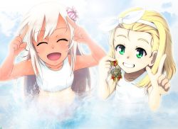Rule 34 | 2girls, blonde hair, closed eyes, commentary request, flat chest, flower, green eyes, grin, hair flower, hair ornament, hairband, highres, index finger raised, index fingers raised, kantai collection, long hair, luigi torelli (kancolle), midori no ryokucha, multiple girls, one-piece swimsuit, one-piece tan, ro-500 (kancolle), school swimsuit, short hair, smile, swimsuit, tan, tanline, upper body, white hairband, white one-piece swimsuit