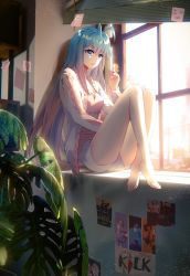 Rule 34 | 1girl, barefoot, cover, cover page, douluo dalu, hei zhi shi, highres, jacket, light, long hair, no socks, official art, pink shirt, plant, poster (object), shirt, shorts, sitting, sticky note, tang wutong (douluo dalu), thighs, third-party source, window