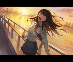 Rule 34 | 1girl, :d, ^ ^, against railing, black skirt, blush, breasts, brown hair, cellphone, cityscape, closed eyes, collared shirt, cowboy shot, dress shirt, floating hair, happy, highres, holding, holding phone, lens flare, letterboxed, long hair, long sleeves, maenoo, miniskirt, necktie, open mouth, original, outdoors, pencil skirt, phone, railing, red necktie, shirt, shirt tucked in, skirt, skyline, smartphone, smile, solo, standing, sunrise, teeth, twilight, upper teeth only, white shirt