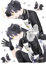 Rule 34 | &gt; &lt;, 1boy, animal, animal ears, apron, arknights, bandaid, bandaid on face, bandaid on nose, black gloves, black hair, black shirt, border collie, closed eyes, dog, dog boy, dog tail, gloves, highres, hishoti cheese, male focus, multiple views, open mouth, paw print, red eyes, shirt, simple background, speech bubble, tail, translation request, white background, windflit (arknights)