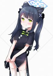 Rule 34 | 1girl, animal ear fluff, animal ears, black dress, black hair, blue archive, blunt bangs, blush, china dress, chinese clothes, dress, green eyes, highres, long hair, looking at viewer, mer (mer3in), short sleeves, shun (blue archive), shun (small) (blue archive), smile, solo, thighhighs, thighs, tiger ears, tiger girl, twintails, white thighhighs