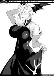 Rule 34 | 10s, 1girl, arm up, bare shoulders, black dress, blush, boku no hero academia, breasts, character name, clothes lift, covered navel, dragon girl, dragon wings, dress, dress lift, ear piercing, elbow gloves, fingerless gloves, gloves, greyscale, hair over one eye, head wings, highres, karasu h, large breasts, looking at viewer, monochrome, piercing, ryuukyuu, sharp teeth, short hair, simple background, skirt, skirt lift, sleeveless, sleeveless dress, solo, tatsuma ryuuko, teeth, text focus, turtleneck, turtleneck dress, white background, wings