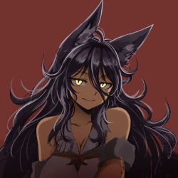 Rule 34 | 1girl, animal ear fluff, animal ears, bare shoulders, black hair, breasts, character request, cleavage, closed mouth, cloud kingdom, fox ears, large breasts, long hair, looking at viewer, original, pas (paxiti), red background, shade, simple background, slit pupils, solo, upper body, yellow eyes
