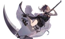 Rule 34 | 1girl, arknights, bare legs, bare shoulders, black footwear, black shorts, breasts, brown eyes, brown hair, closed mouth, coat, unworn coat, full body, holding, holding weapon, huan zi bu cheng, huge weapon, la pluma (arknights), looking at viewer, medium breasts, midair, scythe, short hair, short shorts, shorts, simple background, smile, solo, thigh strap, underbust, weapon, white background, white coat
