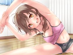 Rule 34 | 1girl, :d, armpits, arms up, ass, blush, breasts, brown eyes, brown hair, cleavage, covered erect nipples, esoragoto, highres, long hair, looking at viewer, navel, open mouth, smile, solo, spread legs, stretched limb, teeth