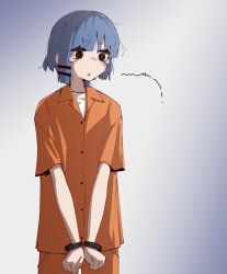 Rule 34 | 1girl, @ @, absurdres, bags under eyes, blue hair, bocchi the rock!, commentary, cowboy shot, crying, cuffs, english commentary, gradient background, hair ornament, hairclip, handcuffs, highres, machuuu68, medium hair, negative space, orange pants, orange shirt, pants, partially unbuttoned, prison clothes, scribble, shirt, short sleeves, sidelighting, sidelocks, simple background, solo, teardrop, white background, white shirt, yamada ryo