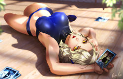 Rule 34 | 1girl, arm up, armpits, bikini, blonde hair, blue bikini, blue footwear, blurry, breasts, card, covered erect nipples, depth of field, esther shen, holding, holding card, large breasts, lipstick, looking at viewer, lying, makeup, margaret (persona), nail polish, navel, on back, on floor, parted lips, persona, persona 4, pink nails, red lips, short hair, solo, swimsuit, tarot, wavy hair, wooden floor, yellow eyes