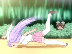 Rule 34 | 2girls, animal ears, bamboo, bamboo forest, brown hair, rabbit ears, faceplant, falling, forest, inaba tewi, loafers, long hair, motion blur, multiple girls, nature, open mouth, outdoors, parody, pink skirt, pleated skirt, prank, purple hair, qwop, red eyes, reisen udongein inaba, sand, shirosato, shirt, shoes, short hair, short sleeves, skirt, smile, thighhighs, touhou, very long hair, white legwear, white shirt, zettai ryouiki