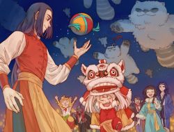 Rule 34 | 2girls, 5boys, animal ears, beard, black hair, blue hair, blue sky, cat boy, cat ears, chinese clothes, clenched hand, facial hair, fox ears, fox girl, guagua sun, highres, jiulao (the legend of luoxiaohei), lanxi zhen, laojun (the legend of luoxiaohei), li qingning (the legend of luoxiaohei), long hair, long sleeves, luo xiaohei, luo xiaohei (human), luo xiaohei zhanji, multiple boys, multiple girls, open mouth, orange hair, pants, pointy ears, profile, red pants, ruoshui (the legend of luoxiaohei), short hair, sky, smile, star (sky), starry sky, upper body, white hair, wuxian (the legend of luoxiaohei), xuan li (the legend of luoxiaohei)