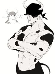 Rule 34 | 1boy, animal ears, animalization, bandana, bara, chibi, chibi inset, cow boy, cow ears, cow horns, cowboy shot, crossed arms, earrings, green hair, hd189733b, highres, horns, jewelry, large pectorals, long sideburns, looking to the side, male focus, monsterification, muscular, muscular male, nipples, nose piercing, nose ring, one piece, pectorals, piercing, roronoa zoro, scar, scar across eye, short hair, sideburns, single earring, solo, sweatdrop, topless male, translation request