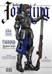 Rule 34 | 1girl, allianz arena, armor, black hair, bmw, breastplate, chainmail, commentary, concept art, cover, elbow pads, english commentary, english text, fantasy, faulds, full armor, gauntlets, greaves, hair through headwear, helmet, highres, inline skates, johnson ting, lips, lufthansa, magazine cover, medieval, motocross, nose, original, plate armor, ponytail, realistic, roller skates, shoulder armor, single pauldron, skates, solo, pauldrons, sponsor, urban fantasy