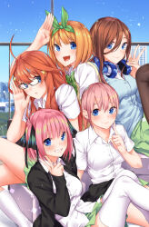 Rule 34 | 5girls, ahoge, black cardigan, black pantyhose, black ribbon, blue cardigan, blue eyes, breasts, brown hair, butterfly hair ornament, cardigan, finger counting, glasses, go-toubun no hanayome, green hairband, green skirt, hair ornament, hair ribbon, hairband, hand up, headphones, headphones around neck, highres, indoors, large breasts, long hair, looking at viewer, medium hair, multiple girls, nakano ichika, nakano itsuki, nakano miku, nakano nino, nakano yotsuba, neck ribbon, open cardigan, open clothes, orange hair, pantyhose, pink hair, pleated skirt, quintuplets, red hair, red sweater vest, ribbon, sahara386, shirt, short hair, siblings, sisters, sitting, skirt, sky, socks, star (symbol), star hair ornament, sweater vest, thighhighs, thighs, two side up, white shirt, white socks, white thighhighs, window, yellow sweater vest