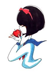 Rule 34 | 1girl, apple, black hair, blue sailor collar, bob cut, bow, bow hairband, closed eyes, commentary, cropped torso, food, from side, fruit, hairband, holding, holding food, holding fruit, long sleeves, neckerchief, original, red apple, red bow, red hairband, red neckerchief, sailor collar, sailor shirt, school uniform, serafuku, shirt, short hair, simple background, solo, tokunaga aoi, traditional media, upper body, white background, white shirt