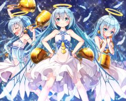 Rule 34 | 3girls, bell, bell earrings, bellringer angel, blue eyes, blue hair, dress, earrings, closed eyes, feathers, hair ornament, hairclip, halo, hands on own hips, jewelry, long hair, looking at viewer, matokechi, multiple girls, open mouth, shadowverse, smile, standing, white dress, wings