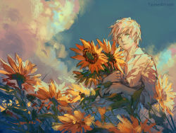 Rule 34 | 1boy, blue sky, closed mouth, cloud, cloudy sky, collared shirt, commentary, day, english commentary, flower, green eyes, highres, light smile, male focus, hugging object, original, outdoors, shirt, short sleeves, sketch, sky, solo, sunflower, watermark, web address, white hair, white shirt, yellow flower, yuumei
