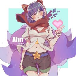 Rule 34 | 1girl, ahri (league of legends), animal ears, arcade ahri, artist name, black shorts, blue eyes, blush, bracelet, breasts, character name, cleavage, cowboy shot, fake animal ears, fox tail, headphones, heart, jewelry, league of legends, looking at viewer, midriff, navel, pixelated, purple hair, purple tail, red scarf, ruan chen yue, scarf, short hair, shorts, solo, star (symbol), tail, vastaya