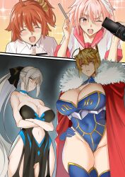 Rule 34 | 1boy, 3girls, absurdres, ahoge, artoria pendragon (fate), artoria pendragon (lancer) (fate), astolfo (fate), astolfo (sailor paladin) (fate), black bow, blonde hair, blue gloves, blue leotard, bow, braid, braided bun, breasts, cape, center opening, chaldea uniform, cleavage, cleavage cutout, clothing cutout, commentary request, crossed arms, crown, curvy, dress, fate/grand order, fate (series), french braid, from below, fujimaru ritsuka (female), fur-trimmed cape, fur trim, glaring, gloves, grey hair, hair bun, hair intakes, hair ornament, hair ribbon, hair scrunchie, hand on own chest, high ponytail, highres, large breasts, leotard, morgan le fay (fate), multicolored hair, multiple girls, navel, neckerchief, one eye closed, one side up, orange hair, orange scrunchie, own hands together, pink hair, pink neckerchief, pink sailor collar, red cape, red sailor collar, ribbon, sailor collar, scrunchie, shiki (love-saber), side ponytail, sidelocks, sleeveless, sleeveless dress, stomach cutout, strapless, strapless dress, streaked hair, swept bangs, thick thighs, thighhighs, thighs, trap, two-tone dress, video camera