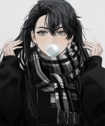 Rule 34 | 1girl, black hair, black shirt, blackbox (blackbox9158), blowing bubbles, chewing gum, commentary, grey background, grey eyes, hair between eyes, hands up, highres, long sleeves, looking at viewer, omniscient reader&#039;s viewpoint, scarf, shirt, solo, striped clothes, striped scarf, symbol-only commentary, twintails, upper body, white background, yoo mia