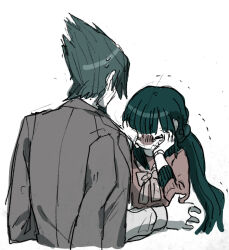 Rule 34 | 1boy, 1girl, black hair, black sailor collar, blue hair, blue scrunchie, bow, bowtie, closed eyes, coat, coat on shoulders, collared shirt, commentary request, cropped torso, crying, danganronpa (series), danganronpa v3: killing harmony, from behind, grey sleeves, hair ornament, hair scrunchie, harukawa maki, long hair, long sleeves, low twintails, momota kaito, no mouth, outstretched hand, purple coat, red bow, red bowtie, red shirt, red sleeves, sailor collar, sailor shirt, sarami (sa rami30), scrunchie, shirt, short hair, simple background, spiked hair, streaming tears, sweatdrop, tears, trembling, twintails, very long hair, white background