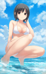 Rule 34 | 1girl, aoyama sumika, bikini, black hair, blue sky, breasts, brown eyes, cleavage, cloud, coffee-kizoku, commentary request, day, highres, looking at viewer, medium breasts, original, outdoors, short hair, sky, solo, squatting, swimsuit, water, white bikini