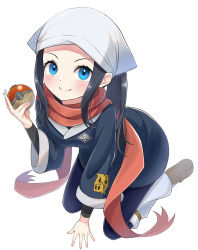 Rule 34 | 1girl, akari (pokemon), black hair, black shirt, blue eyes, blue pantyhose, blush, brown footwear, closed mouth, commentary request, creatures (company), eyelashes, full body, game freak, grey jacket, grey skirt, hand up, head scarf, highres, holding, holding poke ball, jacket, long hair, looking at viewer, loose socks, nintendo, pantyhose, poke ball, poke ball (legends), pokemon, pokemon legends: arceus, red scarf, ruwo, scarf, shirt, shoes, sidelocks, skirt, smile, socks, solo, white background, white headwear, white pantyhose