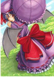 Rule 34 | 1girl, bad id, bad pixiv id, bat wings, bow, dress, female focus, from behind, hat, highres, looking back, marker (medium), nature, outdoors, parasol, purple hair, red eyes, remilia scarlet, shin k, short hair, sky, solo, touhou, traditional media, umbrella, wings