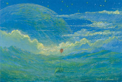 Rule 34 | artist name, balloon, blue sky, blue theme, cloud, commentary, commentary request, dated, ebine toshio, english commentary, gouache (medium), mixed-language commentary, nature, night, night sky, no humans, original, outdoors, painting (medium), scenery, signature, sky, star (sky), starry sky, surreal, tapir, traditional media
