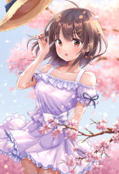 Rule 34 | 1girl, :o, ahoge, bare shoulders, black ribbon, blurry, blurry background, blush, bow, branch, breasts, brown eyes, brown hair, brown hat, cherry blossoms, collarbone, commentary request, day, depth of field, dress, flower, frilled dress, frills, hair ornament, hairclip, hand up, hat, hirokazu (analysis-depth), long hair, looking at viewer, off-shoulder dress, off shoulder, original, outdoors, parted lips, petals, pink flower, puffy short sleeves, puffy sleeves, ribbon, short sleeves, small breasts, solo, standing, unworn hat, unworn headwear, white bow, white dress, wind