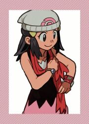 Rule 34 | 1girl, adjusting scarf, beanie, black eyes, black hair, black shirt, border, bracelet, closed mouth, commentary request, creatures (company), dawn (pokemon), elizabeth (tomas21), game freak, hair ornament, hairclip, hand on own hip, hand up, hat, highres, jewelry, long hair, nintendo, pink skirt, poke ball print, pokemon, pokemon dppt, poketch, red scarf, scarf, shirt, skirt, sleeveless, sleeveless shirt, smile, solo, watch, white hat, wristwatch