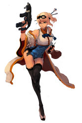 Rule 34 | 00s, 1girl, absurdres, blonde hair, dungeon and fighter, female focus, female gunner (dungeon and fighter), female mechanic (dungeon and fighter), full body, glasses, gun, highres, simple background, solo, standing, thighhighs, weapon, white background