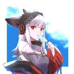 Rule 34 | 1girl, animal ears, arknights, arm at side, backlighting, black headwear, blue sky, cloud, commentary request, e-bushi, ears through headwear, eating, food, food in mouth, fox ears, framed, frostleaf (arknights), grey shirt, hand up, headphones over headwear, highres, holding, holding food, jacket, long hair, long sleeves, looking at viewer, looking down, material growth, nail polish, off-shoulder shirt, off shoulder, oripathy lesion (arknights), outside border, popsicle, popsicle in mouth, red eyes, red jacket, red nails, shirt, sidelocks, sky, solo, upper body, white hair, woollen cap