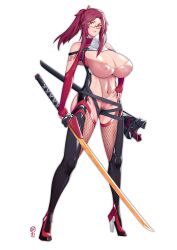 Rule 34 | 1girl, absurdres, areola slip, breasts, cleavage, commentary, dated, english commentary, fingerless gloves, fishnet thighhighs, fishnets, full body, glasses, gloves, hand on own hip, high heels, highres, huge breasts, katana, long hair, looking at viewer, nachtness, original, ponytail, red hair, signature, smile, solo, standing, sword, thighhighs, transparent background, weapon