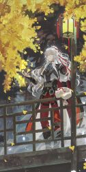Rule 34 | 1boy, architecture, armor, chinese clothes, east asian architecture, grey hair, hair over one eye, hair ribbon, highres, hoki11, honkai: star rail, honkai (series), jing yuan, long hair, male focus, pants, ponytail, red pants, ribbon, shoulder armor, solo, standing, tree
