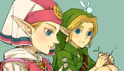 Rule 34 | 1boy, 1girl, aged down, bad id, bad pixiv id, belt, blonde hair, blue background, blue eyes, brooch, buckle, dress, fairy, flower, from side, gem, green background, green hat, hat, jewelry, link, lips, looking down, navi, nintendo, parted bangs, pink dress, pointy ears, princess, princess zelda, profile, simple background, smile, the legend of zelda, the legend of zelda: ocarina of time, tobacco (tabakokobata), tunic, veil, young link, young zelda