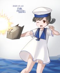 Rule 34 | 1girl, adapted turret, black hair, blue sailor collar, bobokuboboku, brown eyes, cannon, character name, commentary request, cowboy shot, dated, dress, hat, hiburi (kancolle), highres, kantai collection, low ponytail, one-hour drawing challenge, one eye closed, sailor collar, sailor dress, sailor hat, shoes, short hair, short sleeves, simple background, solo, standing, turret, twitter username, uwabaki, water, white background, white dress, white hat