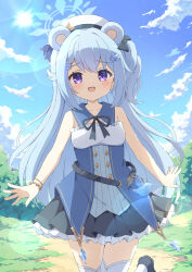 Rule 34 | 1girl, :d, animal ears, armpit crease, bare shoulders, bear ears, bear girl, black bow, black footwear, black ribbon, black skirt, blue hair, blue nails, blue sailor collar, blue shirt, blue sky, blush, bow, breasts, buttons, cloud, collarbone, commission, cow, day, detached collar, dirt road, double-breasted, foot up, gem, grass, hair between eyes, hair bow, hat, highres, lens flare, long hair, miniskirt, nail polish, neck ribbon, open hands, open mouth, original, outdoors, petticoat, pleated skirt, purple eyes, raised eyebrows, ribbon, road, sailor collar, shirt, sidelocks, skeb commission, skirt, sky, sleeveless, sleeveless shirt, small breasts, smile, solo, straight-on, straight hair, sun, thighhighs, tree, tyakomes, white hat, white thighhighs